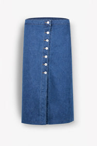 A blue denim midi skirt with a front button-up closure, shown against a plain light gray background.