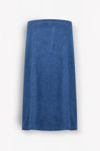 A blue denim skirt with a straight, slightly flared silhouette, shown flat against a light gray background.