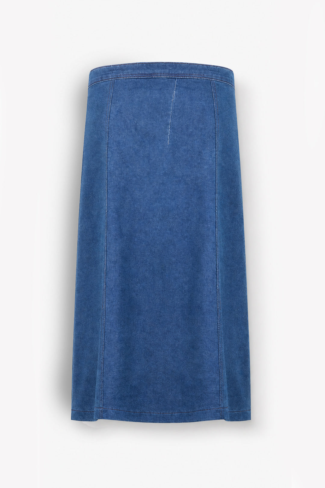 A blue denim skirt with a straight, slightly flared silhouette, shown flat against a light gray background.