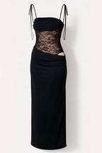 A black strapless maxi dress with a lace corset-style midsection and thin shoulder ties, shown on a plain light background.