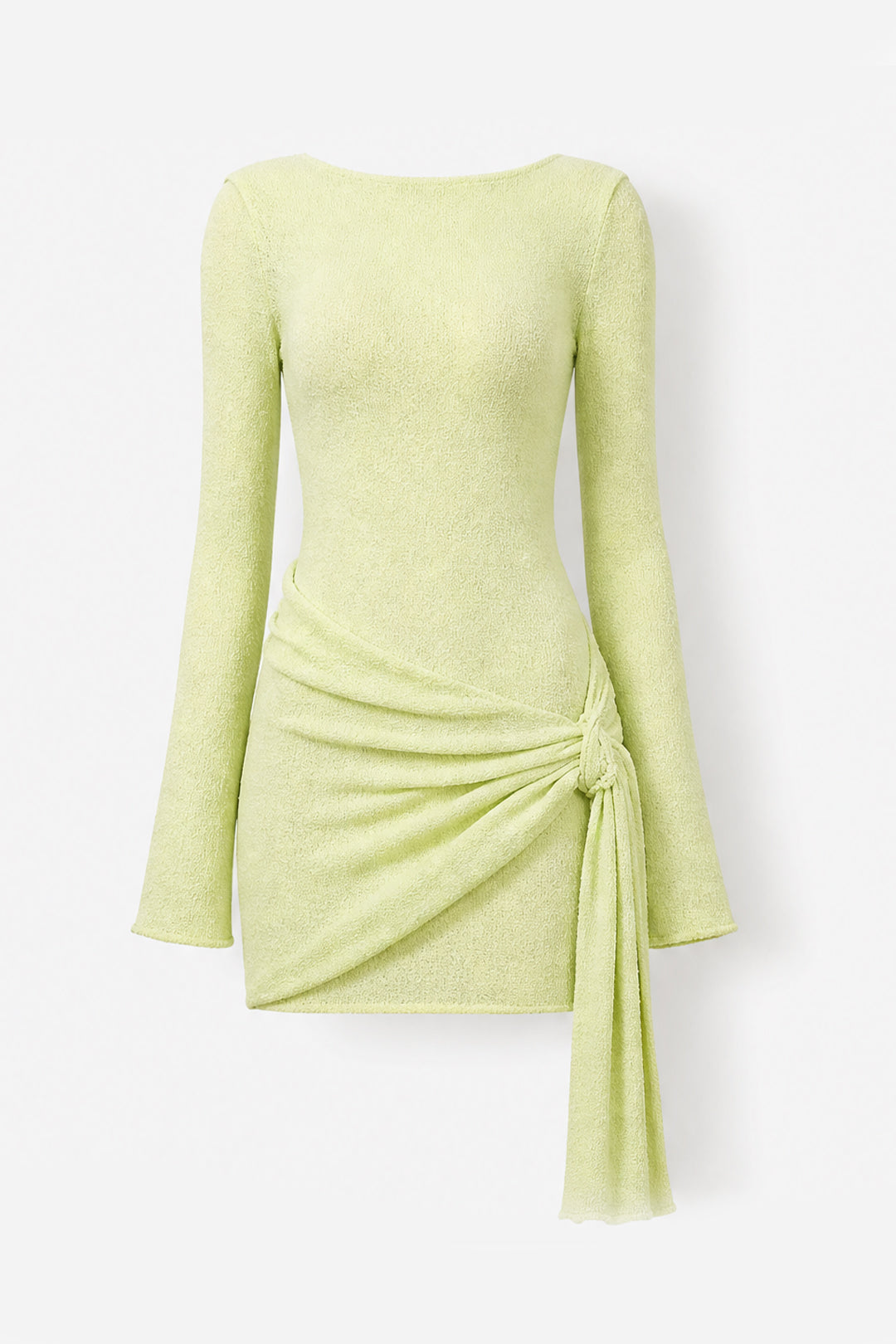 A light lime green long-sleeve knit mini dress with a draped wrap-style skirt and side tie detail, shown against a plain light gray background.