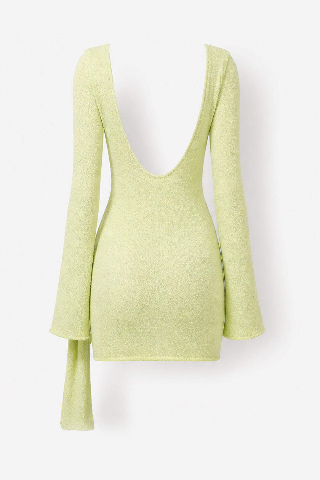 A light lime green knit long-sleeve top with a very deep V-neckline and a draped tie detail on one sleeve, shown against a plain white background.