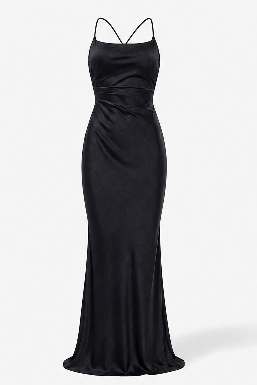 A floor-length black satin gown with thin crisscross spaghetti straps, a fitted bodice, and a draped waist detail, shown against a plain white studio background.