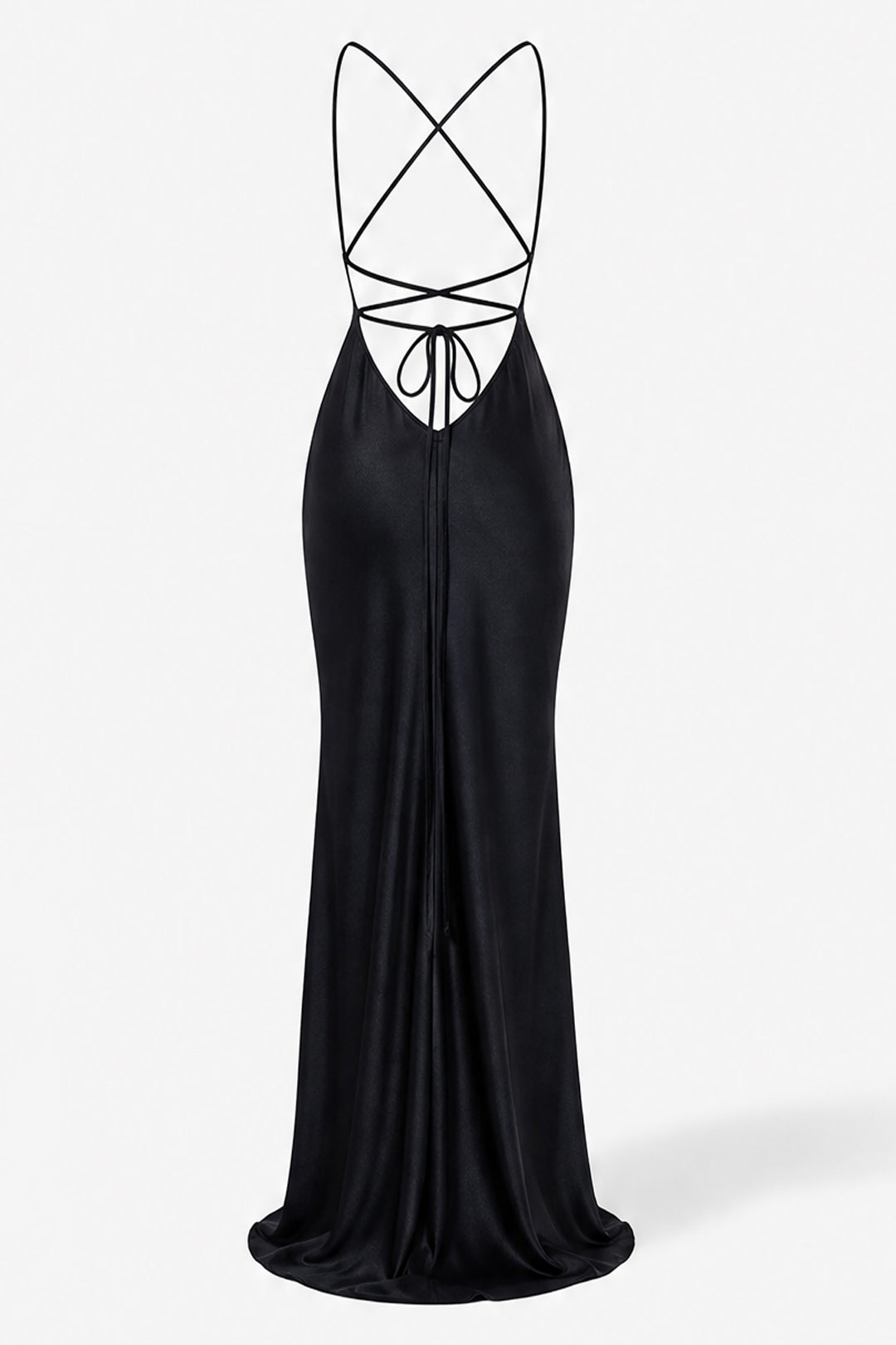 A floor-length black satin slip dress with a strappy open back design, shown against a plain light gray background.