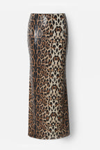 A leopard print midi skirt with a textured, snakeskin-like finish, shown against a plain light gray background.