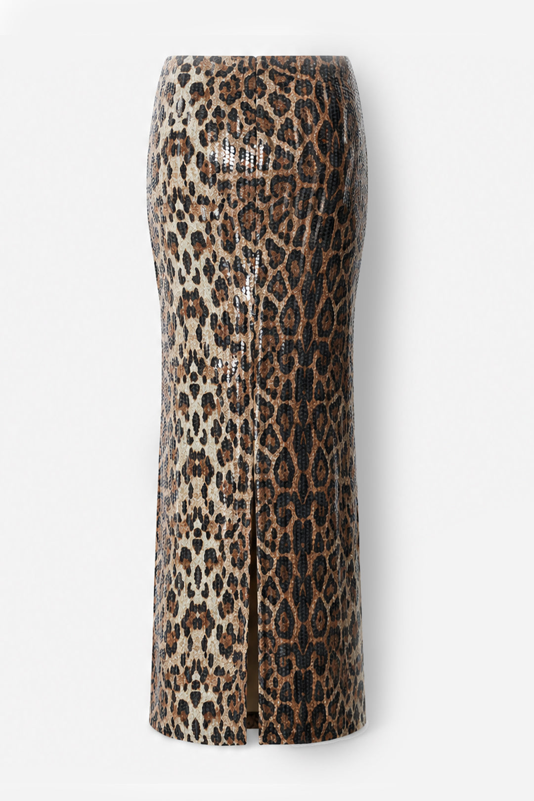 A leopard print midi skirt with a front slit, featuring a pattern of brown, black, and beige spots on a light beige background, shown against a plain light gray background.