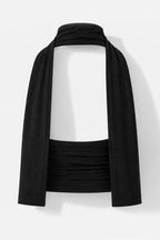 A black draped wrap-style top with a high gathered neckline and a wide horizontal band at the waist, shown against a plain light background.