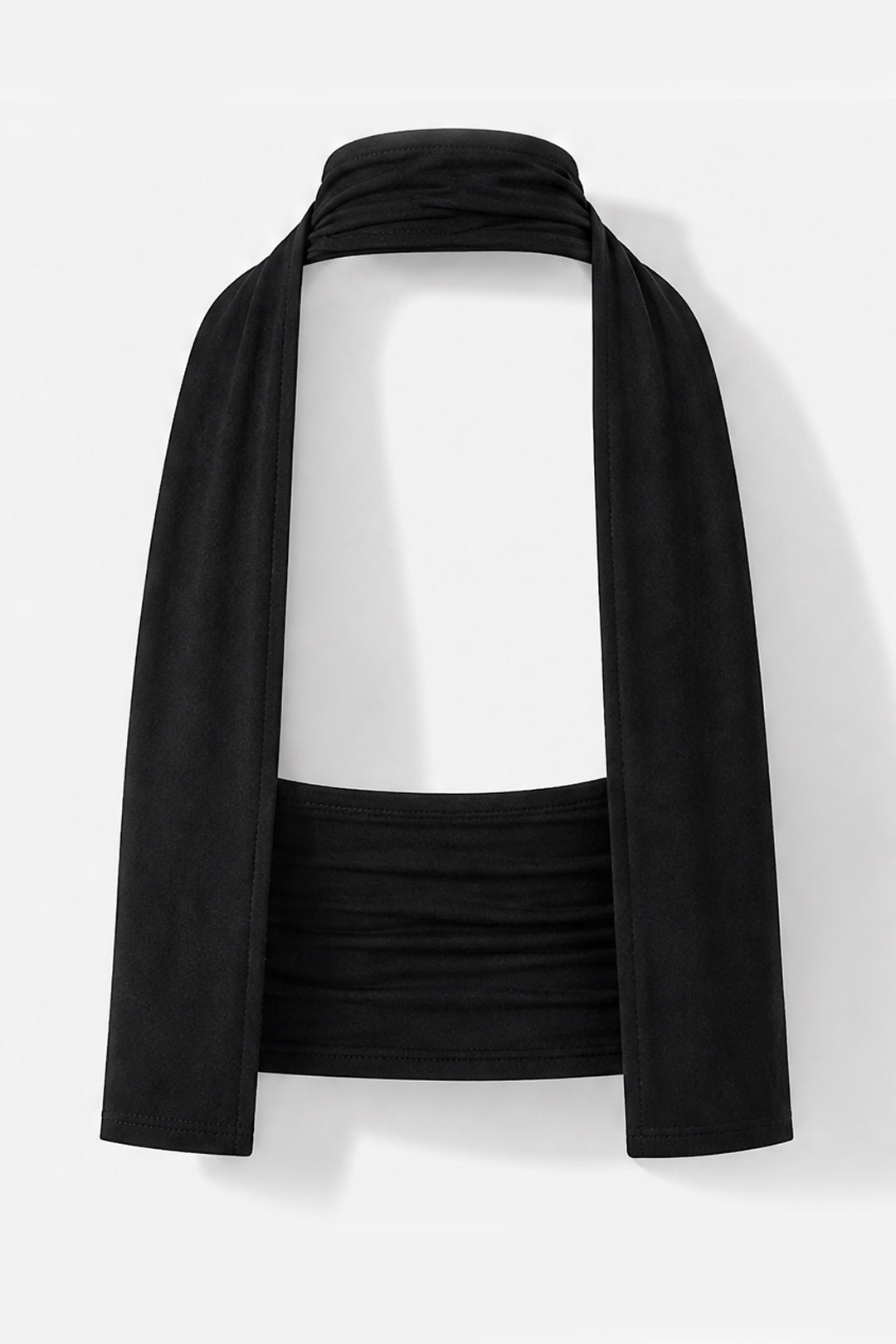 A black draped wrap-style top with a high gathered neckline and a wide horizontal band at the waist, shown against a plain light background.