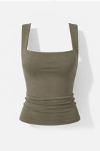 An olive green ribbed tank top with a square neckline and wide shoulder straps, shown on a plain white background with a soft shadow.