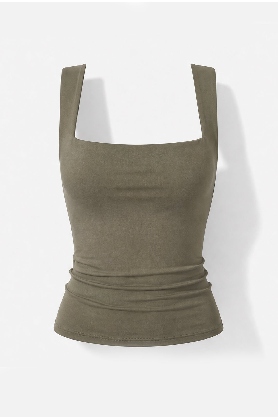 An olive green ribbed tank top with a square neckline and wide shoulder straps, shown on a plain white background with a soft shadow.