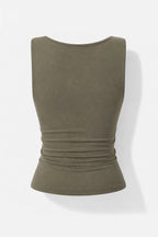 An olive green sleeveless tank top with a gathered, ruched waist design, shown from the back on a light gray background.