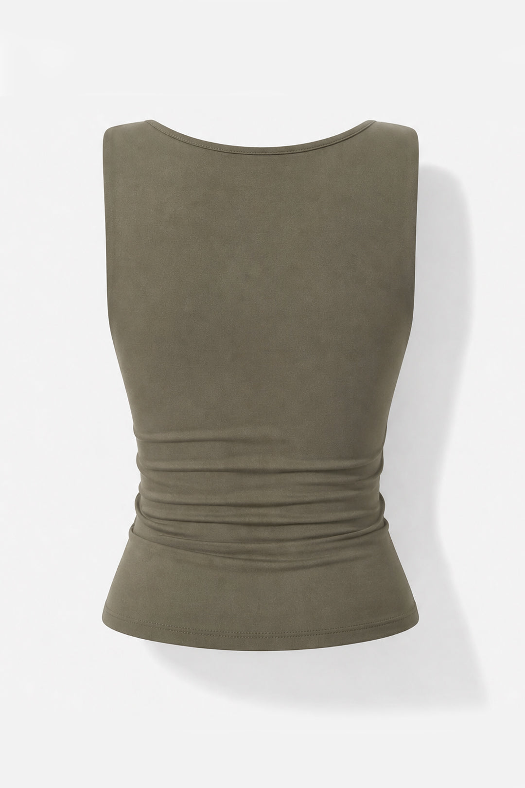An olive green sleeveless tank top with a gathered, ruched waist design, shown from the back on a light gray background.