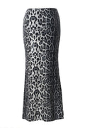 A black and white leopard print midi skirt with a subtle snakeskin texture, shown against a plain white background.