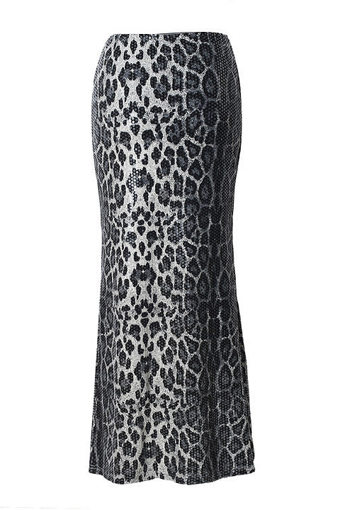 A black and white leopard print midi skirt with a subtle snakeskin texture, shown against a plain white background.
