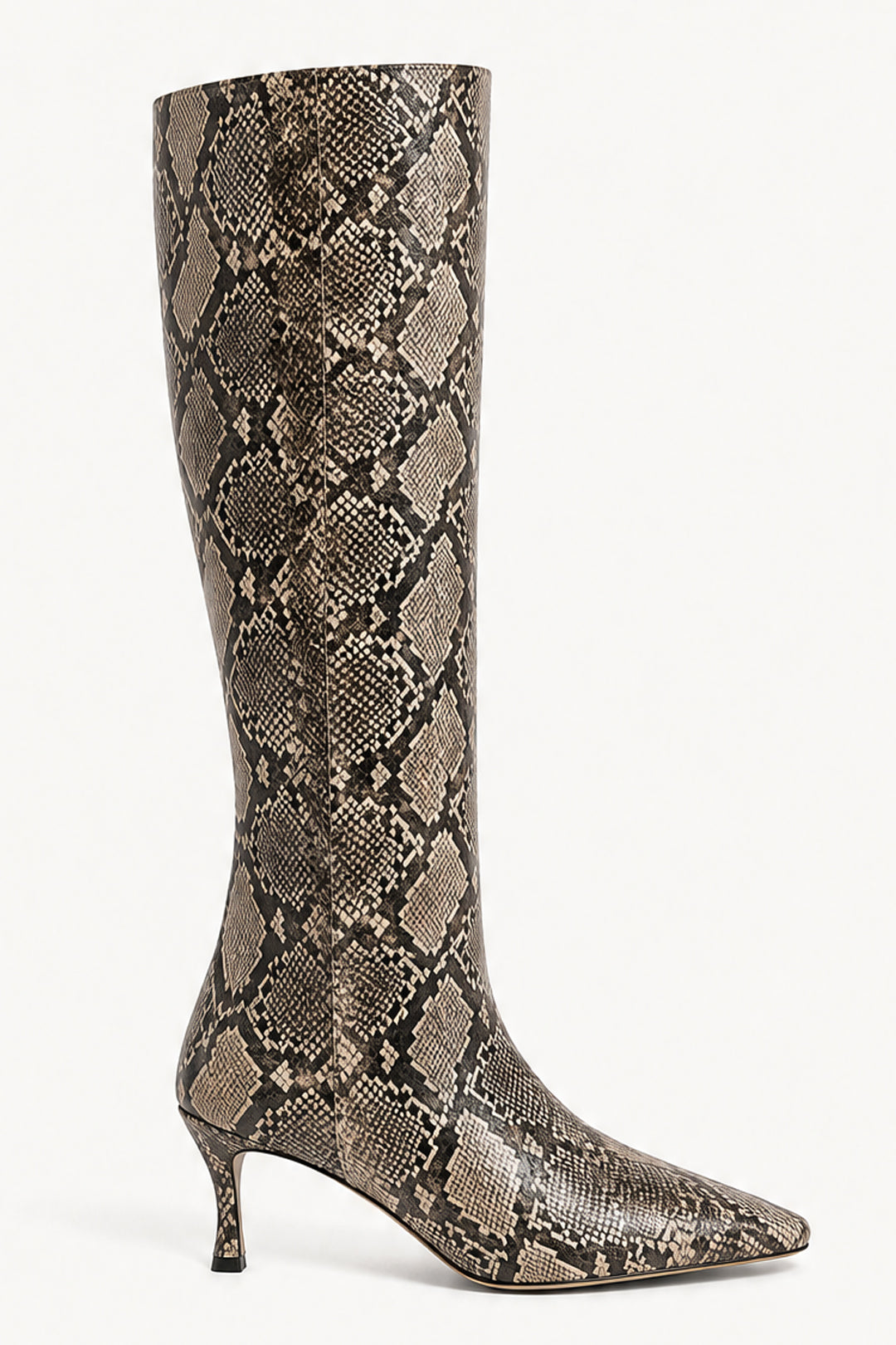 A single knee-high boot with a pointed toe and kitten heel, featuring a brown and beige snakeskin pattern, shown against a plain light background.