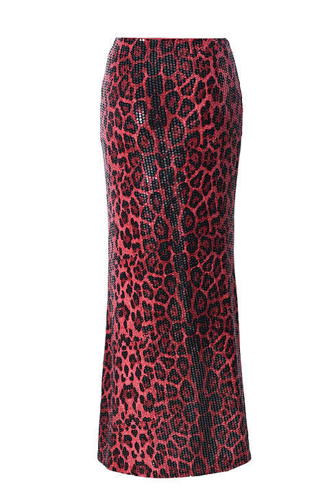 A high-waisted, floor-length pencil skirt featuring a vibrant pink and black leopard print pattern, shown against a plain white background.