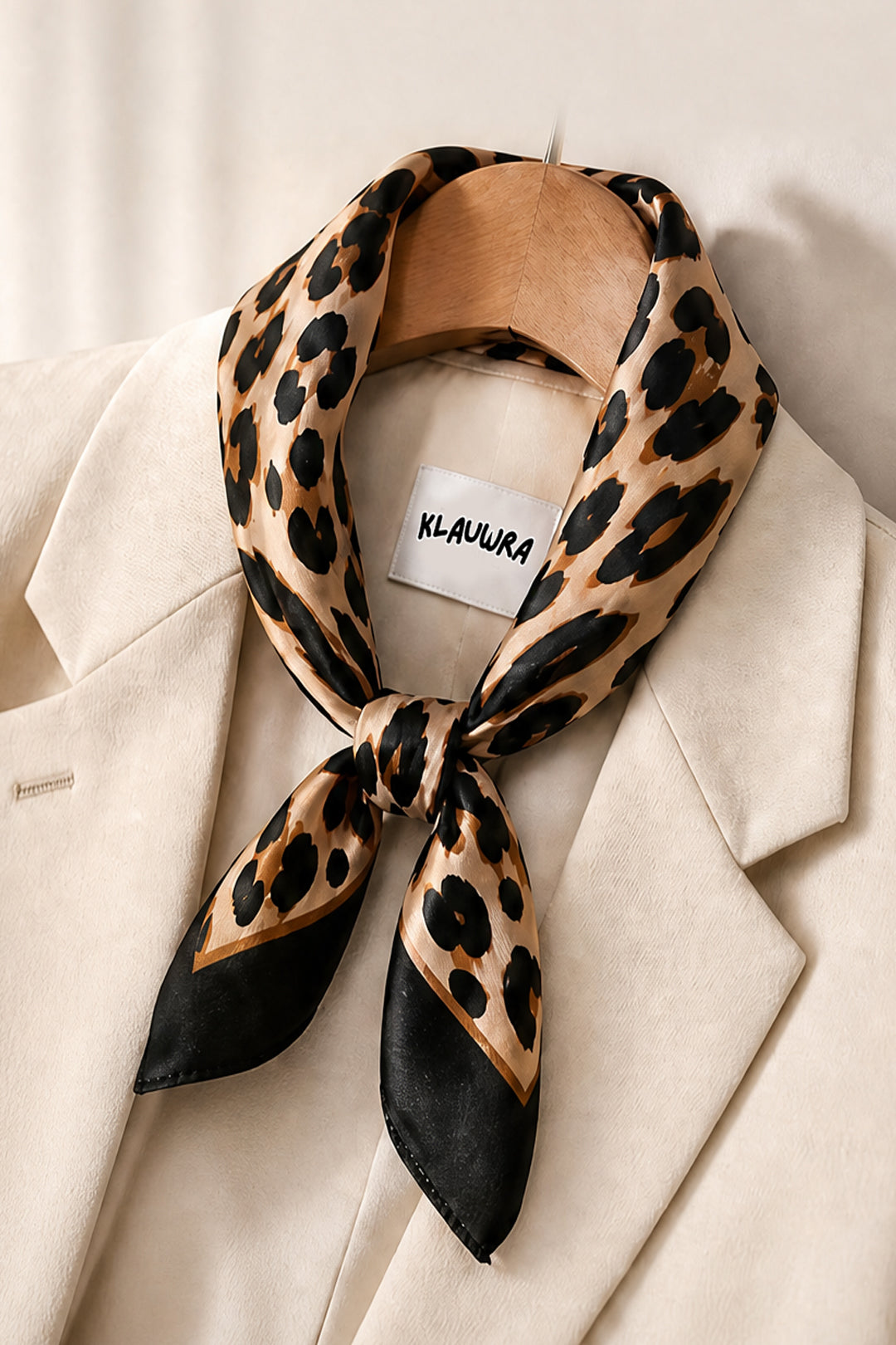A leopard print silk scarf with black satin ends, tied around a beige blazer on a wooden hanger. The brand label 'KLAUWRA' is visible inside the collar.
