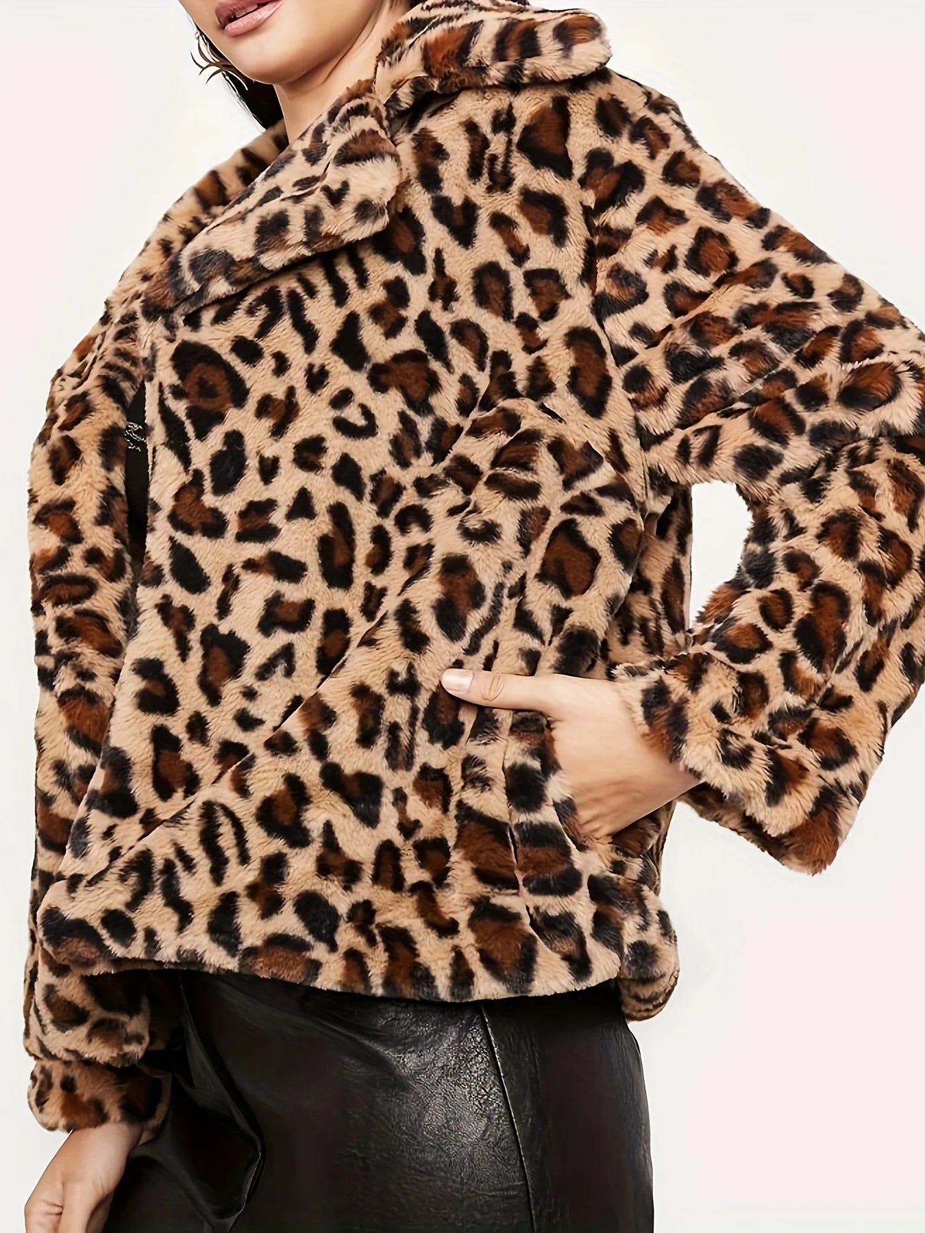 Women’s Leopard Print Plush Jacket Open Front Coat