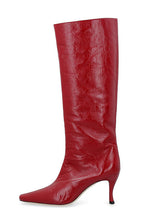 A single knee-high red leather boot with a pointed toe and a slim kitten heel, shown against a plain white background.